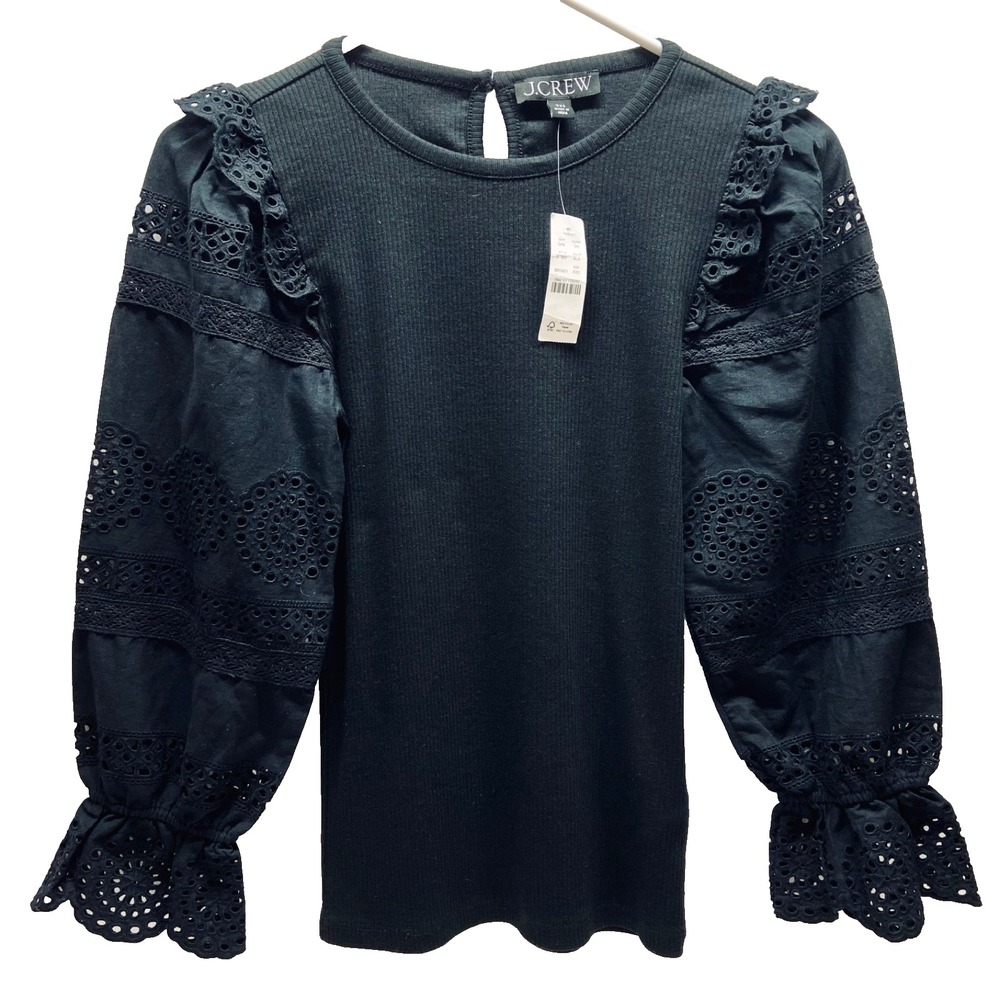 J. Crew Blouse Women's XXS Black Ruffle Crochet Long Sleeve Ribbed Knit Body NWT